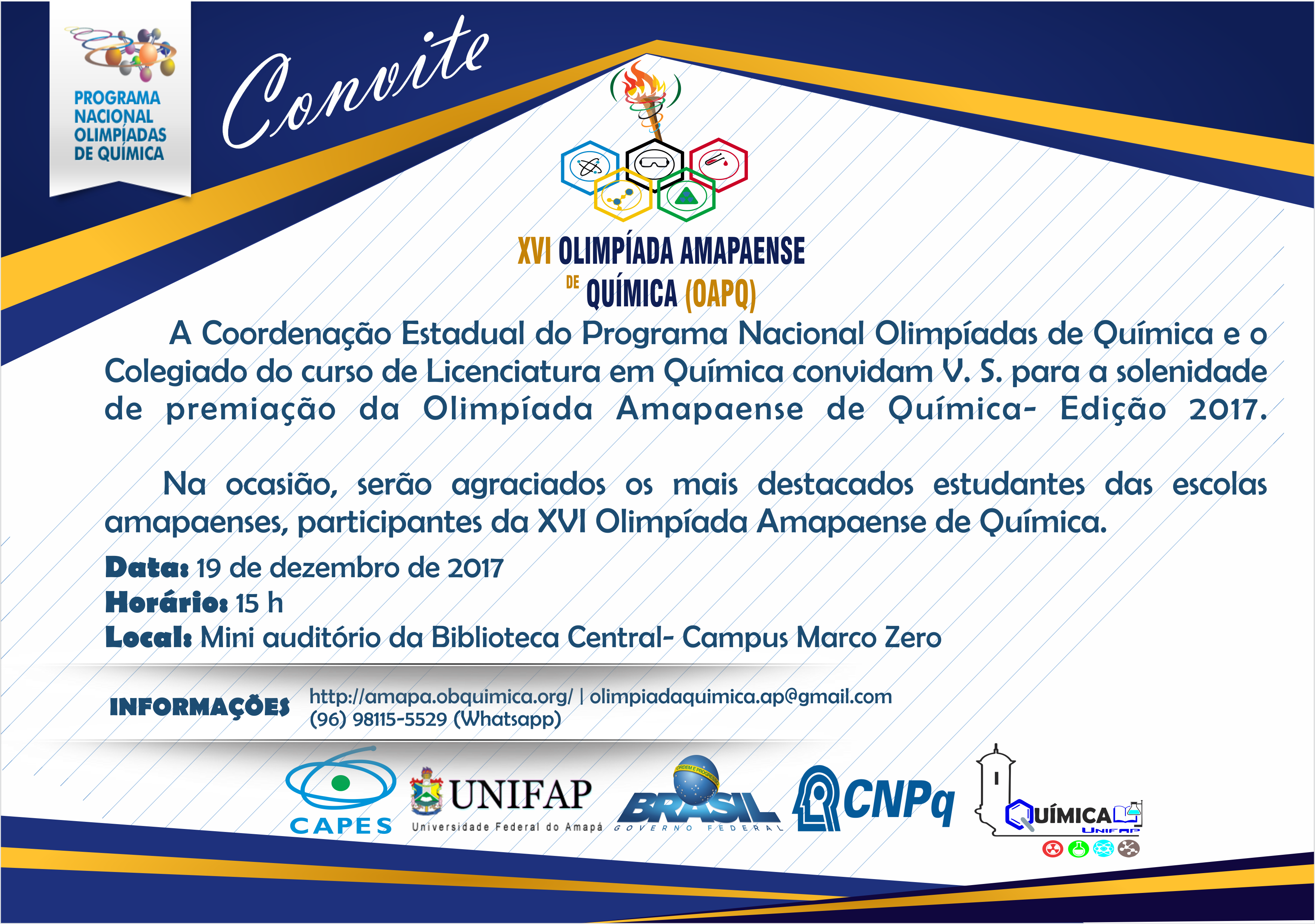 CONVITE PARA SOLENIDADE DA XVI OLIMPÍADA AMAPAENSE DE QUÍMICA