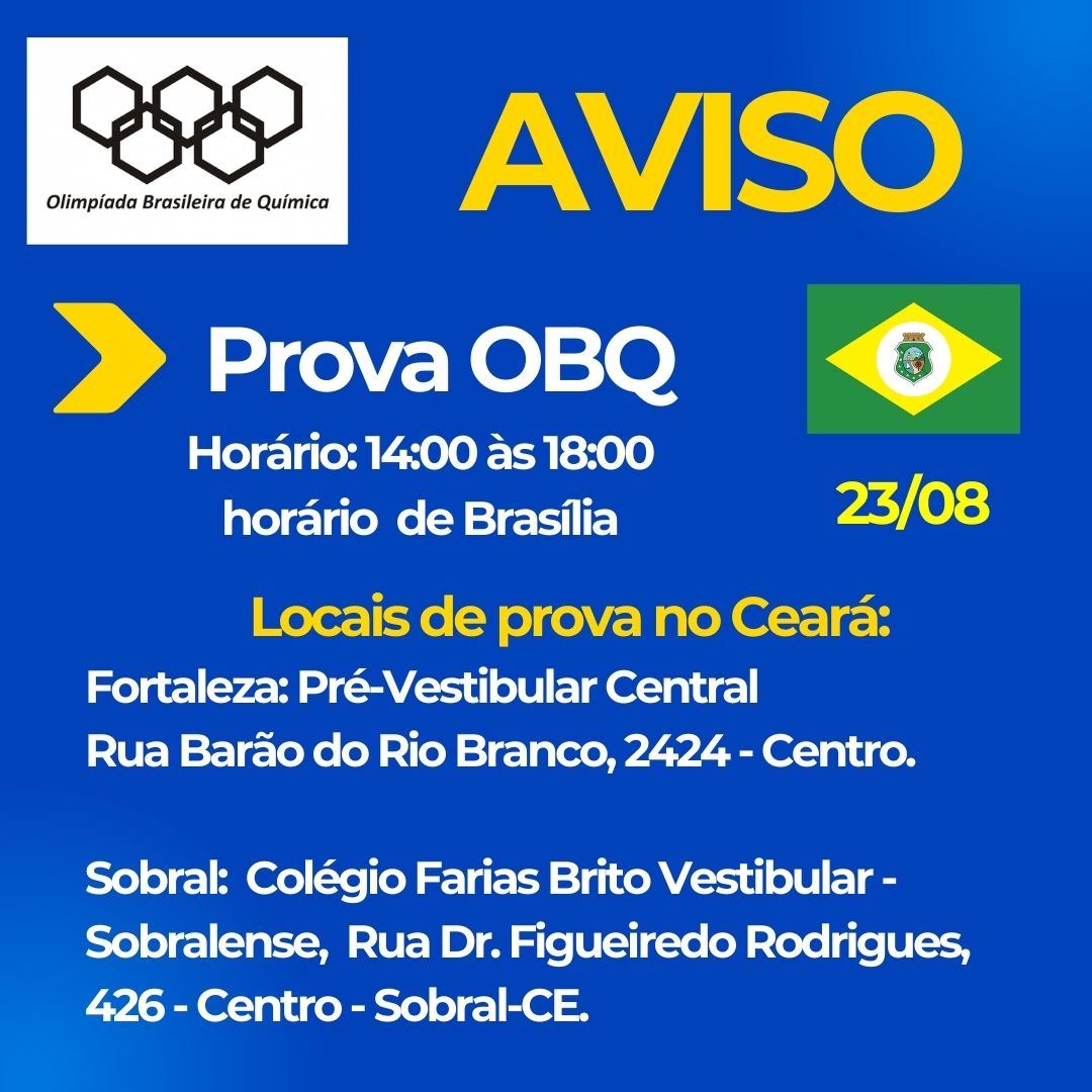 IMPORTANTE: Informações sobre a prova da OBQ no dia 23/08 