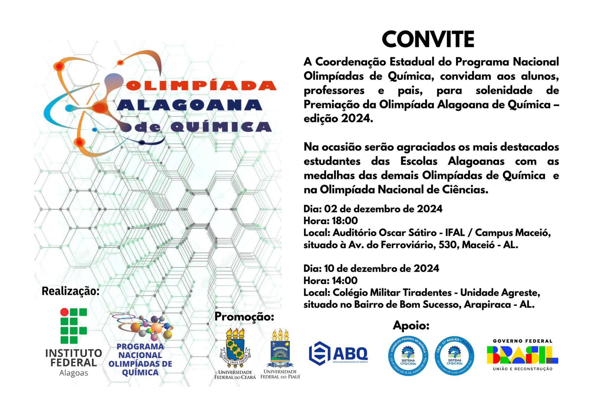 ATUALIZAÇÃO DATAS DAS PREMIAÇÕES OLIMPÍADAS DE QUÍMICA E ONC